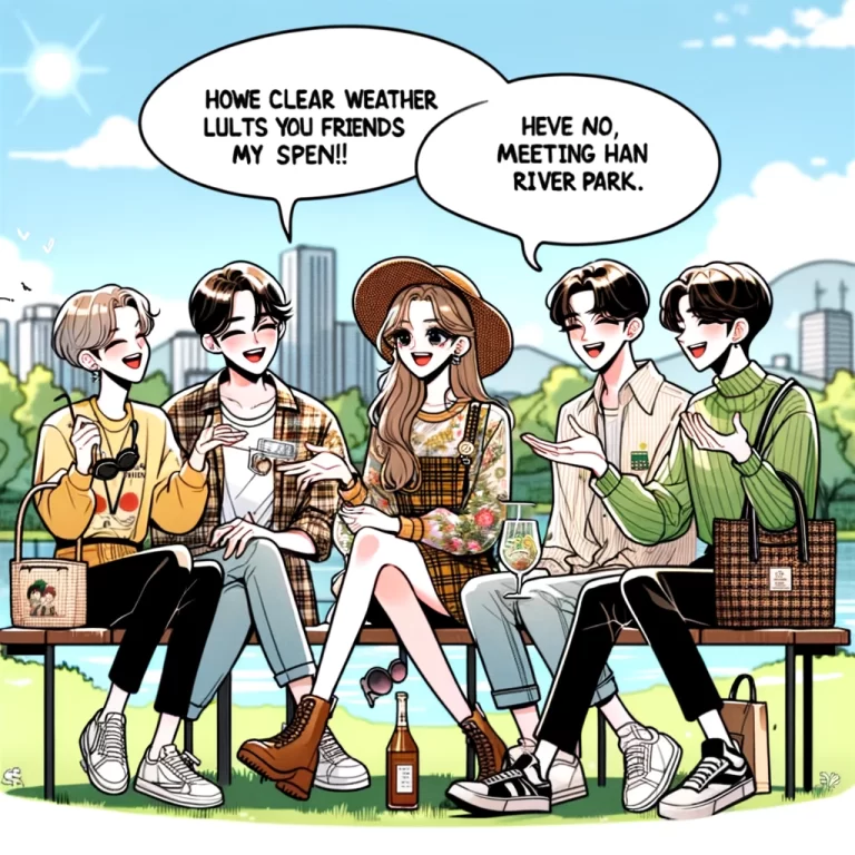 Illustrate a web-toon style conversation scene inspired by K-pop star aesthetics in a bright, modern setting